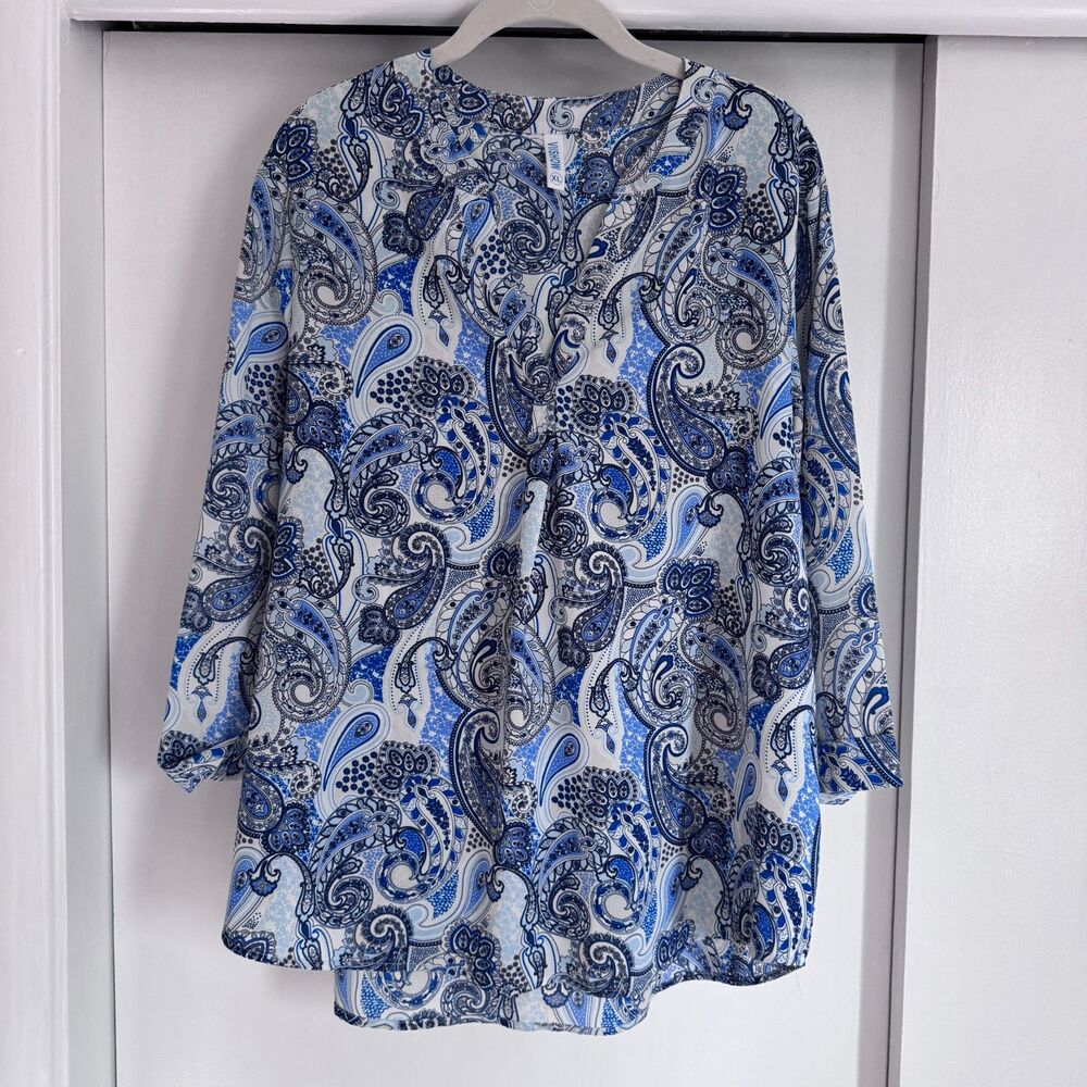 Vishow Blouse Women XL Blue White Paisley Flowy 3/4 Sleeve EUC